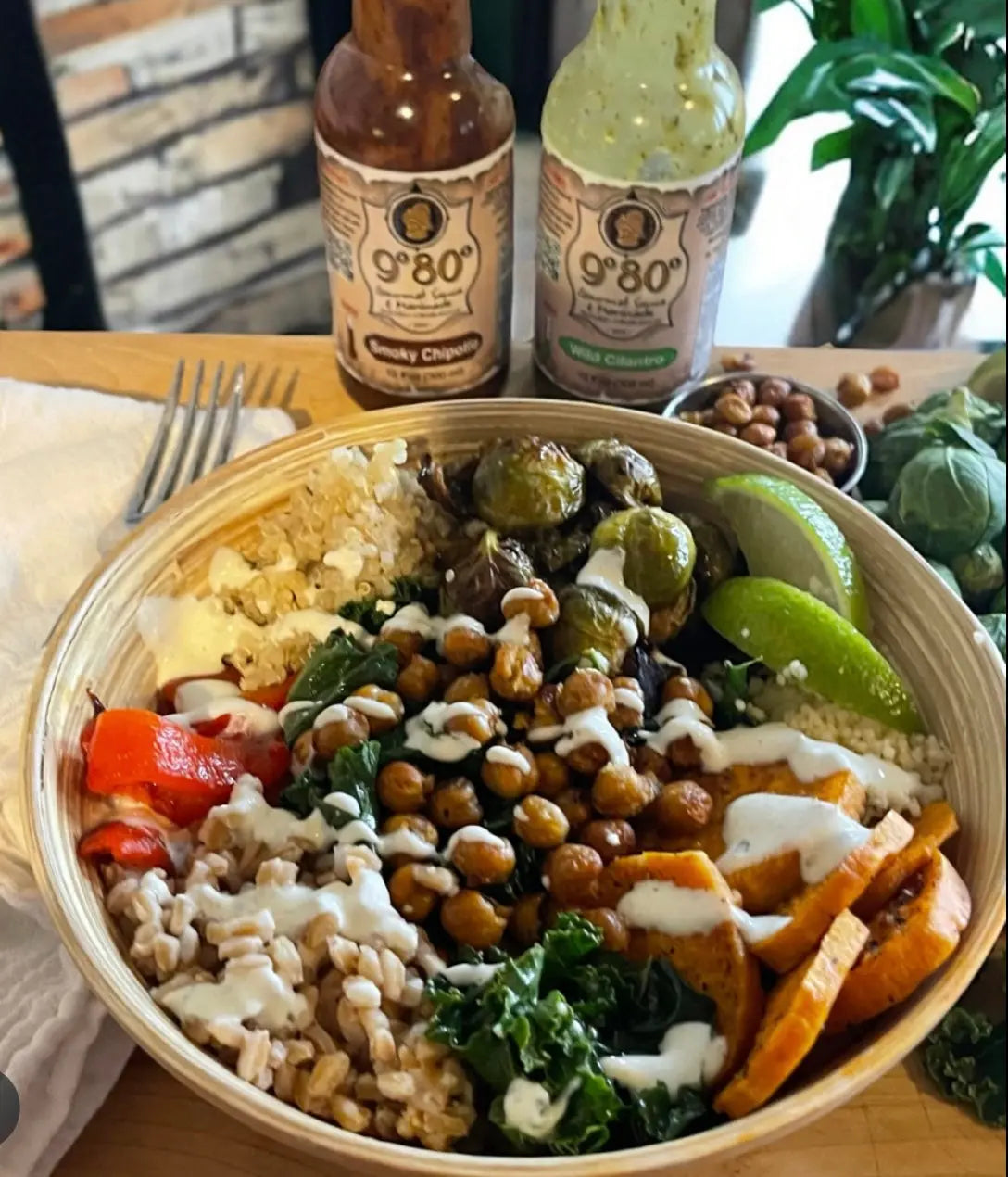 9-80-Grain-Bowl-with-Smoky-Chipotle-Maple-Brussels-Drizzled-with-Wild-Cilantro-Crema 9º80º Sauces & Marinades