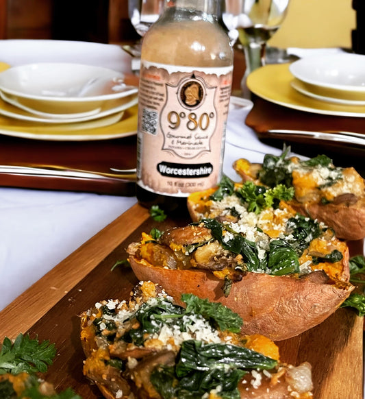 9°80° Spinach and Mushroom Twice Baked Sweet Potatoes