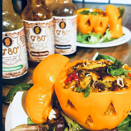 9°80° Smoky Chipotle Jack-o-Lantern Peppers with Taco Rice Stuffing 9º80º Sauces & Marinades